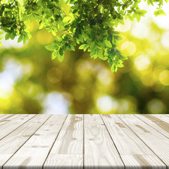 Wood table top on Green leaf with nature blurred in background