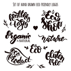 Vector set of logo. Hand-drawn lettering. Stylish Eco design for your natural product, stores, etc.