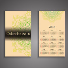 Vector calendar 2018 with decorative elements. Vector mandala design. Template can be used for web and print design.