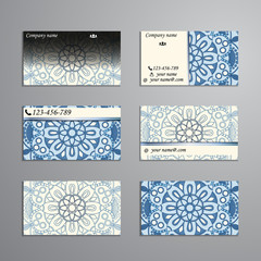 visiting card and business card big set. Floral mandala pattern and ornaments. Oriental design Layout, ottoman motifs. Front page and back page.