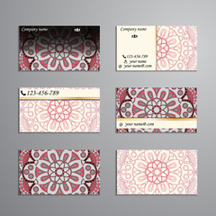 visiting card and business card big set. Floral mandala pattern and ornaments. Oriental design Layout, ottoman motifs. Front page and back page.