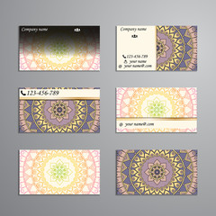 visiting card and business card big set. Floral mandala pattern and ornaments. Oriental design Layout, ottoman motifs. Front page and back page.