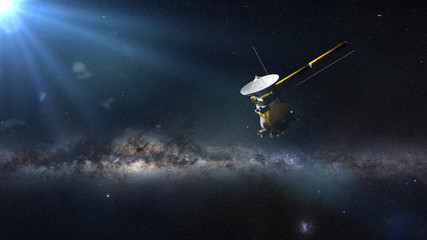 spacecraft Cassini in front of the Milky Way galaxy - obrazy, fototapety, plakaty