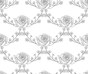 Vector Black Seamless Pattern with Drawn Flowers, Roses with Branches