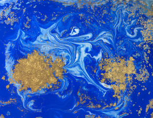 Fototapeta na wymiar Blue and golden liquid texture. Watercolor hand drawn marbling illustration. Ink marble background.