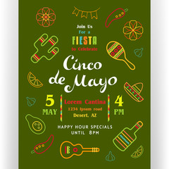 Cinco De Mayo poster template with text customized for invitation for fiesta party and  Mexican colorful line icons. 