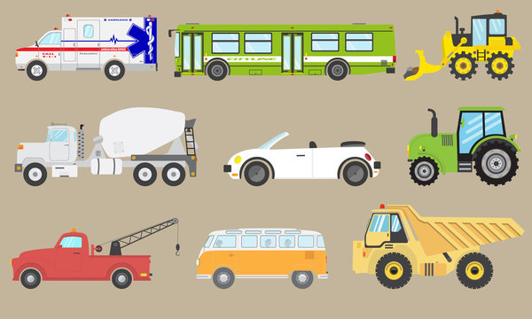 vehicle vector set car icon isolated ambulance , bus , van , industrial autos