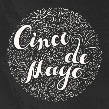 Cinco De Mayo card with doodle style freehand charcoal lettering at black background.
