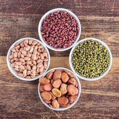 different pod fruits / Four porcelain nuts with different pod fruits