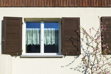 Spring  in old Europe. Part of the front of the house is a traditional in Europe vintage style. Windows with shutters.