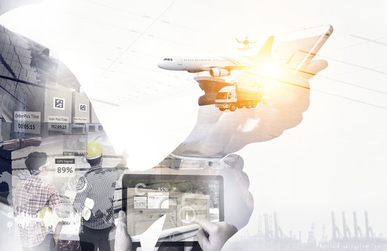 Smart logistic , Augmented reality technology , internet of things , industry 4.0, disruption and supply chain concept. Double exposure of man using mobile phone with airplane ,drone,truck,Cargo ship.
