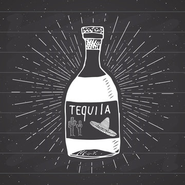 Vintage label, Hand drawn bottle of tequila mexican traditional alcohol drink sketch, grunge textured retro badge, emblem design, typography t-shirt print, vector illustration on chalkboard background
