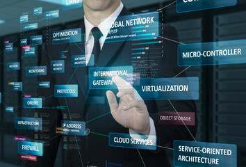 businessman working with virtual glow network terminology
