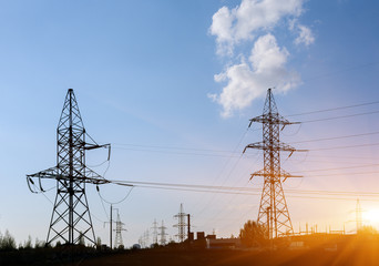 high voltage post. High-voltage tower sky background.
