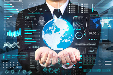 businessman holding virtual globe and hitech interface
