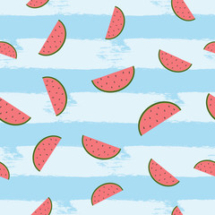 Slices of watermelon on a striped background painted with a brush. Cartoon seamless pattern.