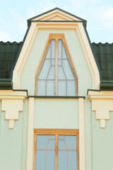 Vintage wooden windows with brick wall background