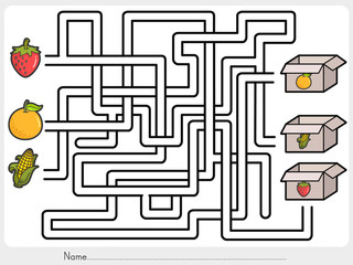 Maze game: Pick fruits box - worksheet for education