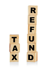 Wooden cubes on white background. Concept tax refund