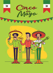 Cinco De Mayo poster design. Mexicans characters set. Vector template with copy space for your holiday celebration at a bar, restaurant.