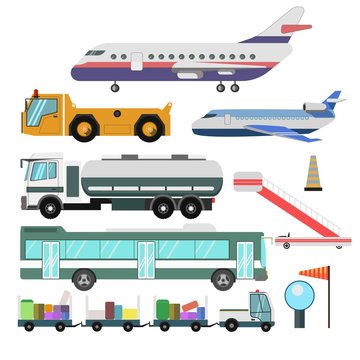 Airport service vehicles and planes vector isolated icons