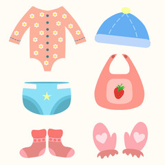 Set of clothes for newborns. Hat, bodysuit, diaper, booties and mittens