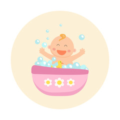 Happy baby girl bath. Flat design.
