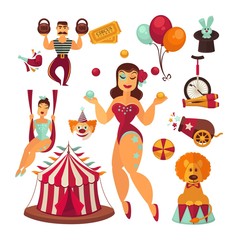 Circus elements and performers vector isolated flat icons set