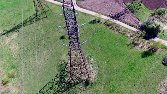 High voltage lines, electricity pylon from the air