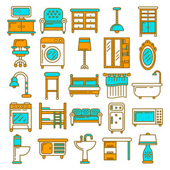 Home furniture appliances and room interior accessories vector icons set