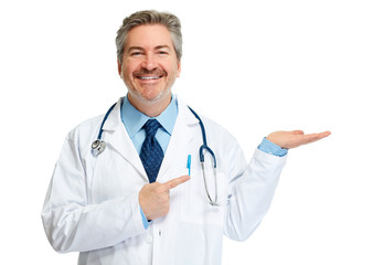 Doctor pharmacist presenting white background