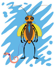 The red cockroach walks a worm