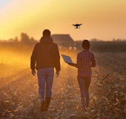 Farmers with drone on field - obrazy, fototapety, plakaty