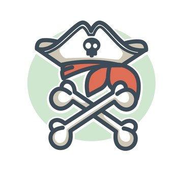 Pirate vector icon flag of crossed bones and tricorne hat botle