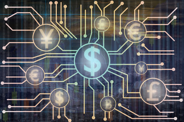 Abstract photo of FINTECH connection over the Trading graph on the cityscape at night background,Business financial concept, Showing the cryptocurrency or digital money