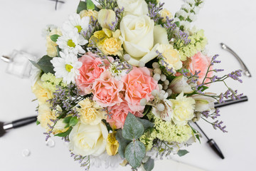 flowers bouquet arrange for decoration in home. Top view. Flat lay