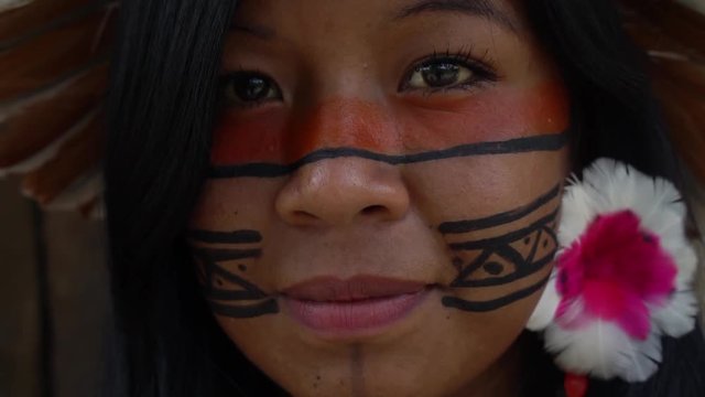Closeup face of Native Brazilian Woman at an indigenous tribe in the Amazon