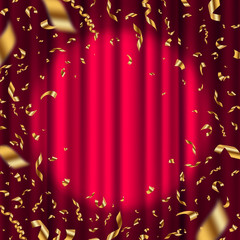 Golden confetti and spotlight on a red curtain. Vector illustration.