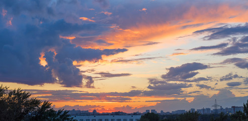 Sunset with dramatic cloudscape over skyline panoramic view. Moscow, Russia.
