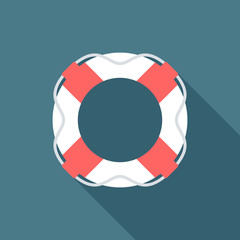 Lifebuoy icon with long shadow. Flat design style. Lifebuoy silhouette. Simple icon. Modern flat icon in stylish colors. Web site page and mobile app design element.