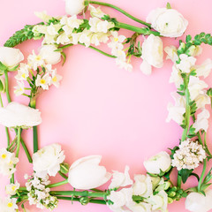 Frame made of white ranunculus, snapdragon and tulip on pink background. Flat lay, top view. Floral background.