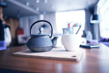 cup of tea or coffee in a cafe serving breakfast table
