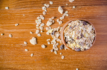 muesli cereal grain with wooden bowl