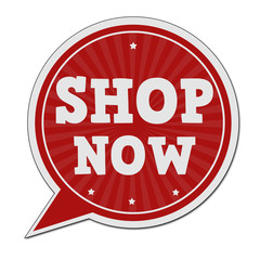 Shop now red speech bubble label or sign