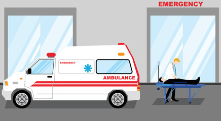 Simple cartoon illustration of a man has taken to Emergency Room with an Ambulance