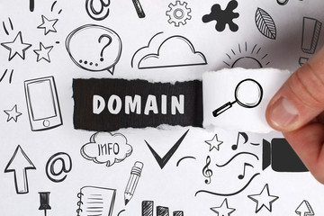 Business, Technology, Internet and network concept. Young businessman shows the word: Domain