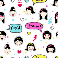 Emoji seamless pattern in anime style with cute girls. Kawaii patch badges. Tillable background for fabric, textile, wrapping or wallpaper. Stickers with manga emoji girls. Different faces and hairs.