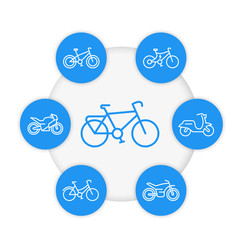 Bikes line icons set, cycling, bicycles, motorcycle, motorbike