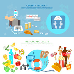 Obesity problem banner unhealthy eating diet sports and gymnastics overweight vector