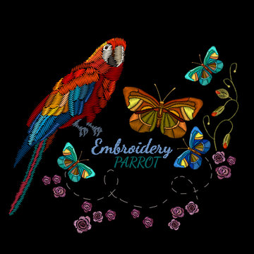 Embroidery, parrot, butterflies, flowers. Beautiful tropical embroidery